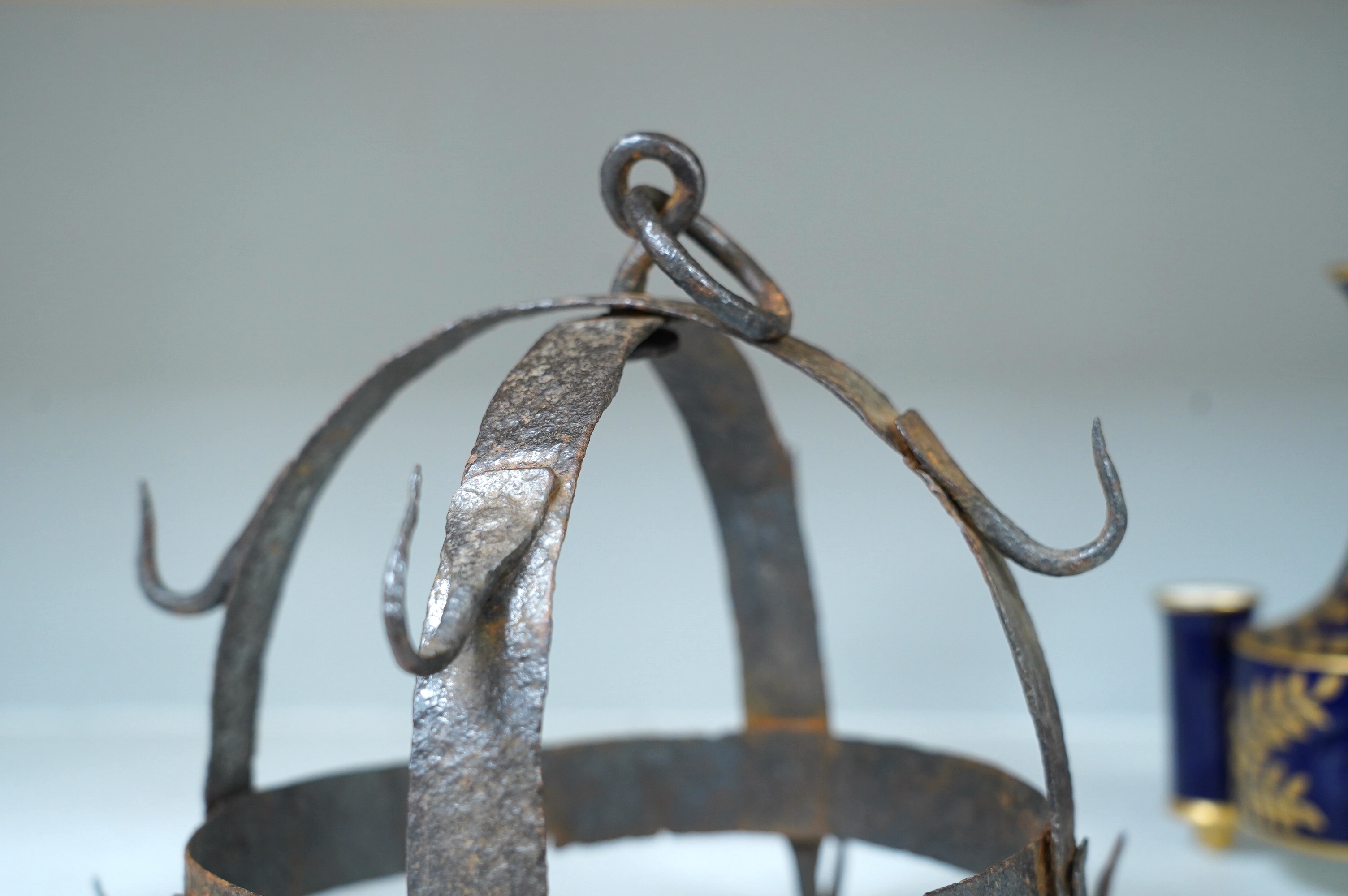 An 18th century Dutch wrought iron game hanger, 26cm high. Condition - fair considering age and use